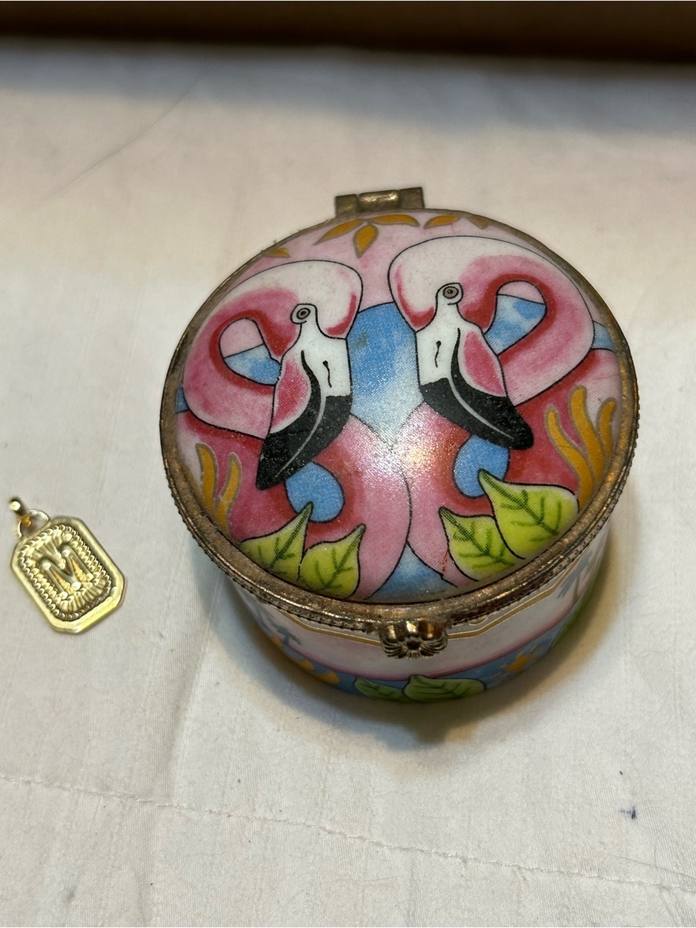 Flamingo trinket box with  letter M   Faux gold charm